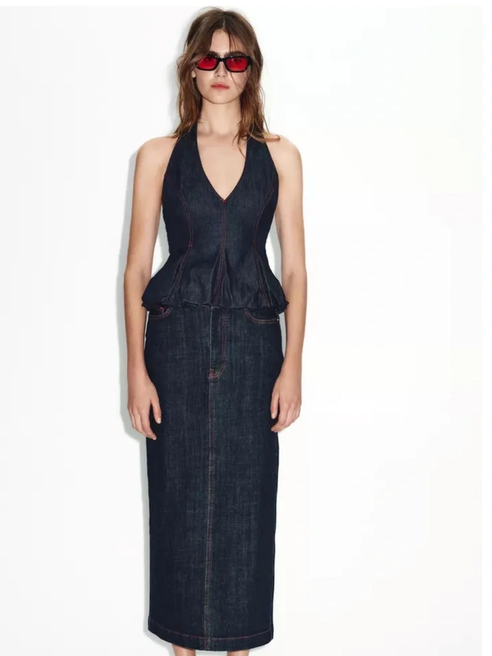Zara Denim Balloon Halter Top and midi Skirt Set